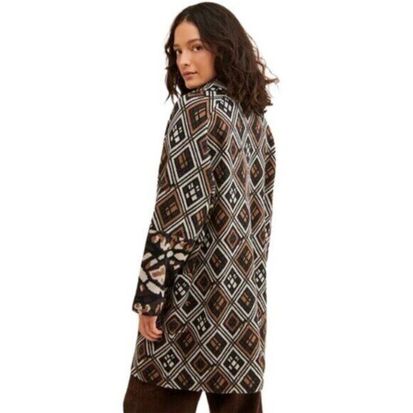 Anthropologie Field Flower Geo Wool Oversized Sweater Coat Brown Multi Medium - Picture 3 of 11